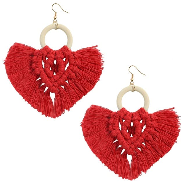 Boucle d'oreille coton macramé rouge