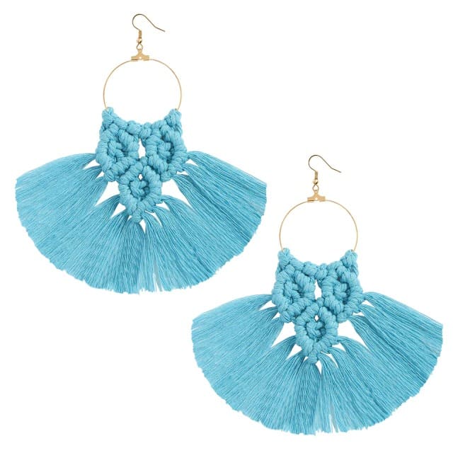 Boucle d'oreille frange macramé bleu