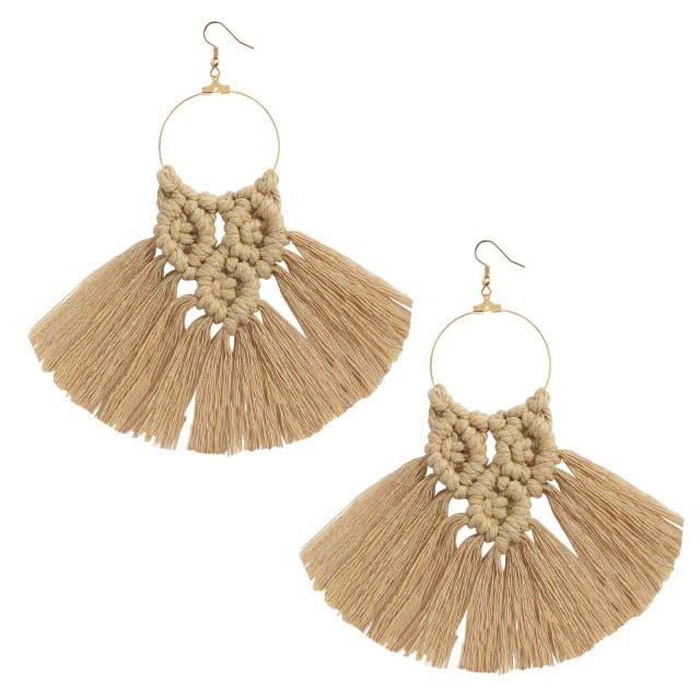 Boucle d'oreille frange macramé marron