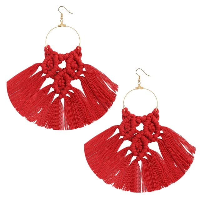Boucle d'oreille frange macramé rouge