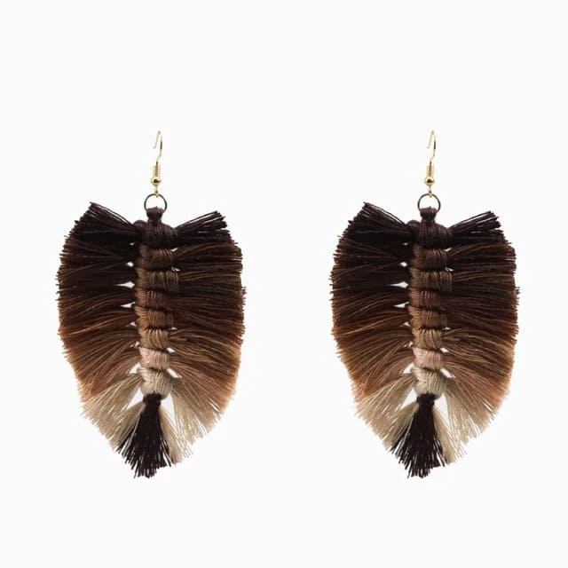 Boucle d'oreille macramé plume marron dégradé
