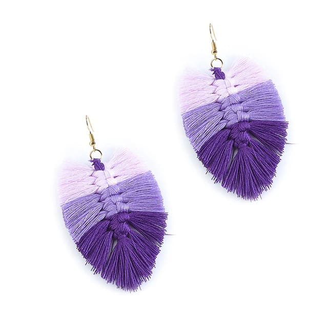 Boucle d'oreille feuille macramé violet