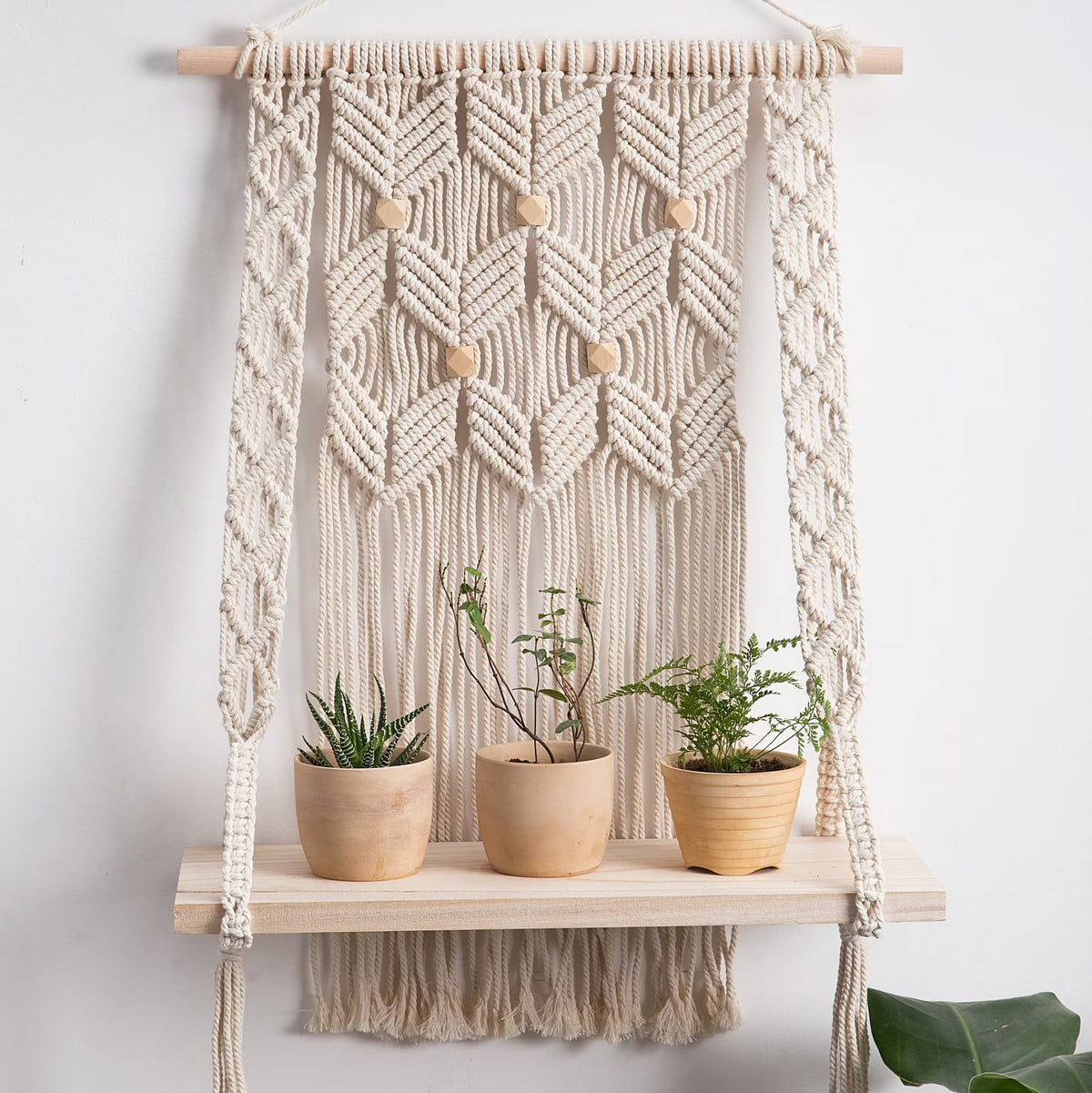 Macrame Wall Shelf with Wooden Base — Beaded | Handmade Cotton Rope