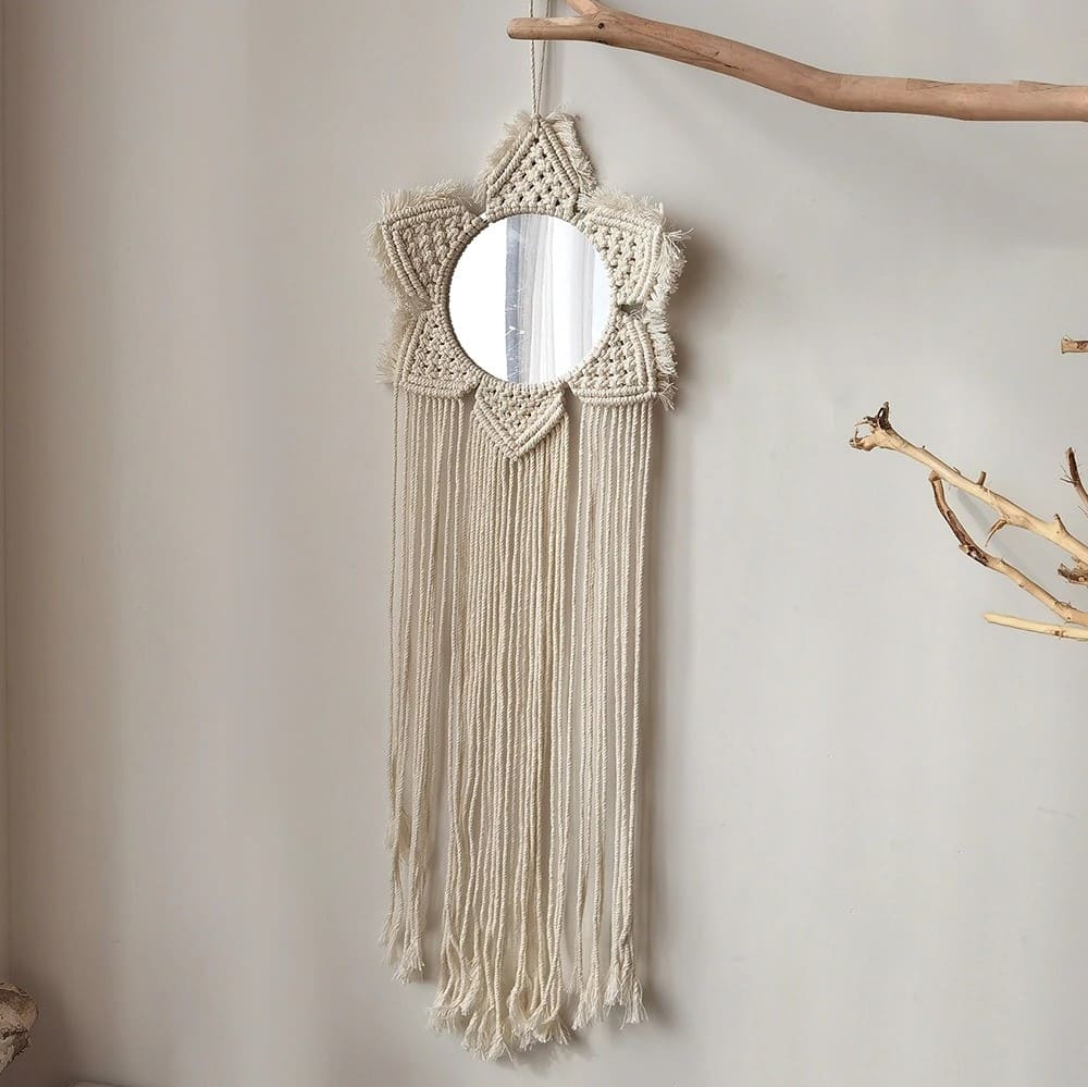 Grand miroir macramé beige