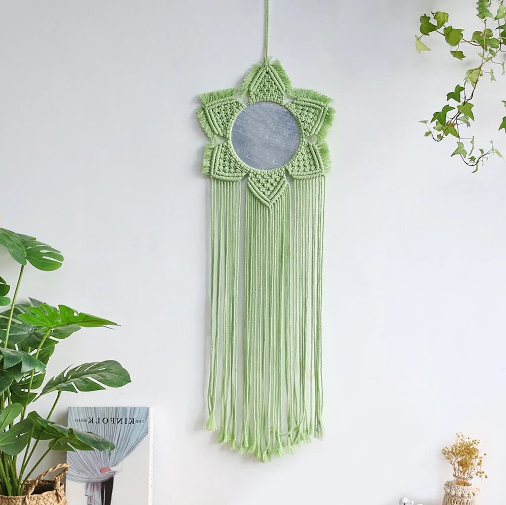 Grand miroir macramé vert