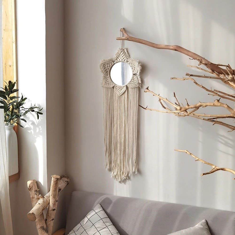 Grand miroir macramé beige
