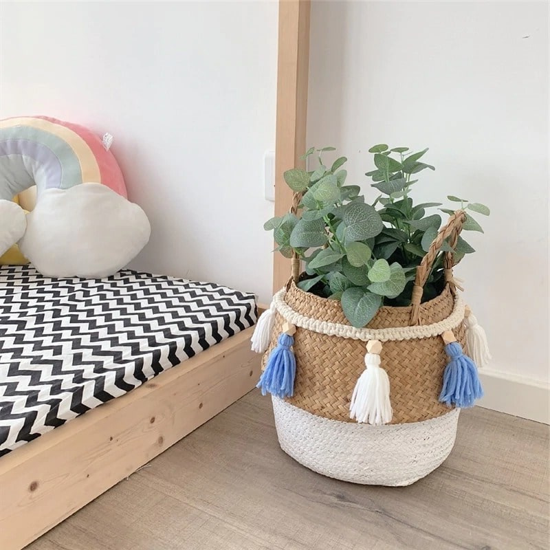 Guirlande macramé pompon blanc et bleu