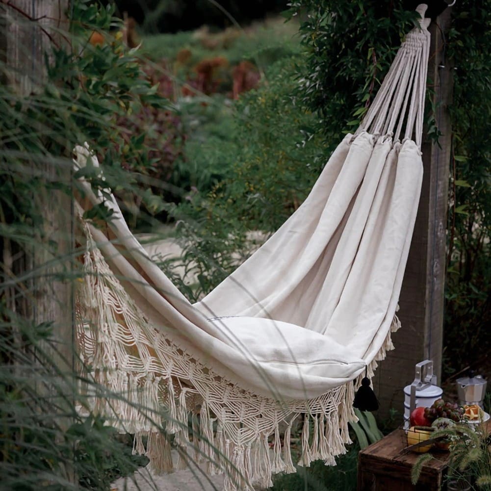 Hamac suspendu macramé jardin