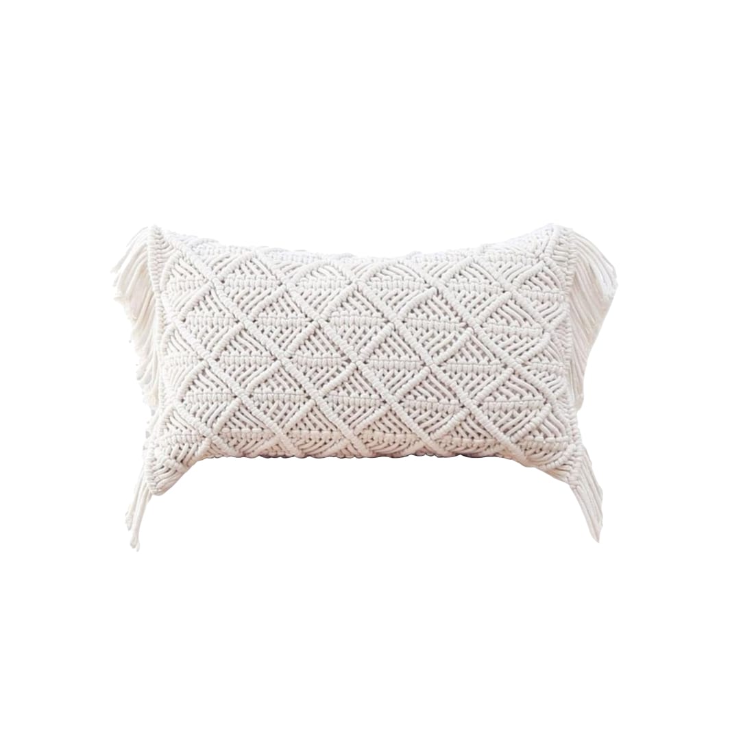 Macrame Lumbar Pillow — Boho | Handwoven Cotton Cover - Off-White