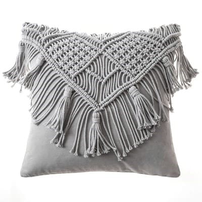 Macrame Pillow Cover — Boho | Handwoven Cotton Cover - Grey