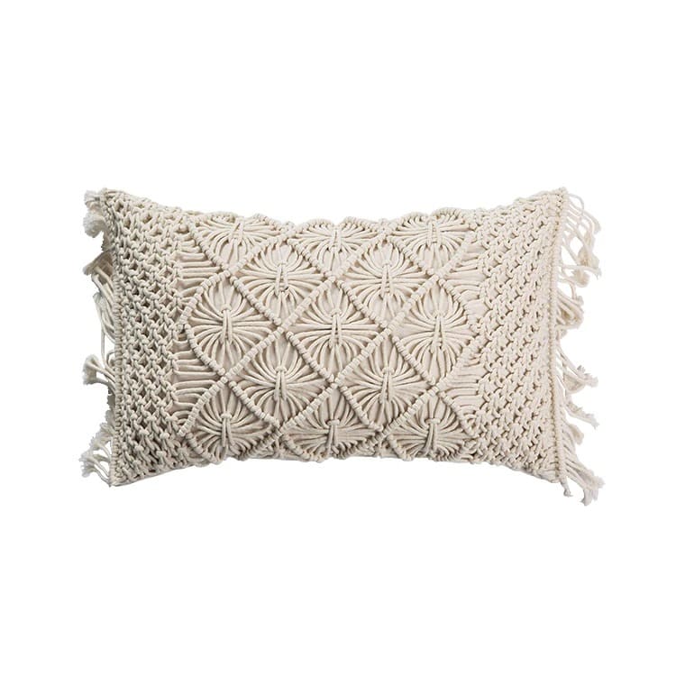 Macrame Lumbar Pillow — Boho | Handwoven Cotton Cover - Beige