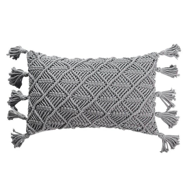 Macrame Lumbar Pillow — Boho | Handwoven Cotton Cover - Grey