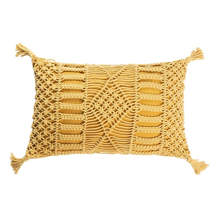 Macrame Lumbar Pillow — Boho | Handwoven Cotton Cover - Yellow