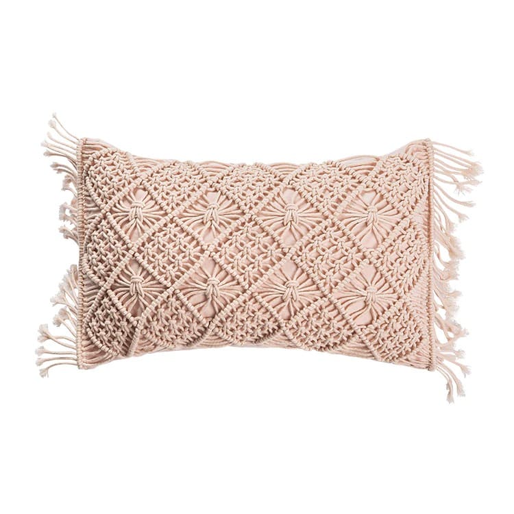 Macrame Lumbar Pillow — Boho | Handwoven Cotton Cover - Pink