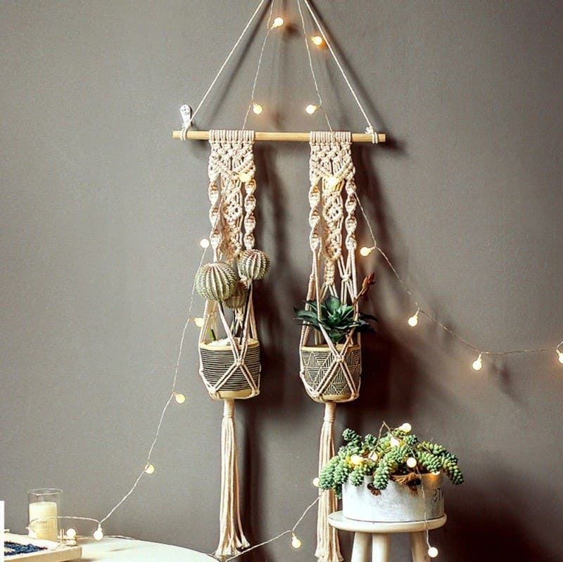 Macramé porte plante double