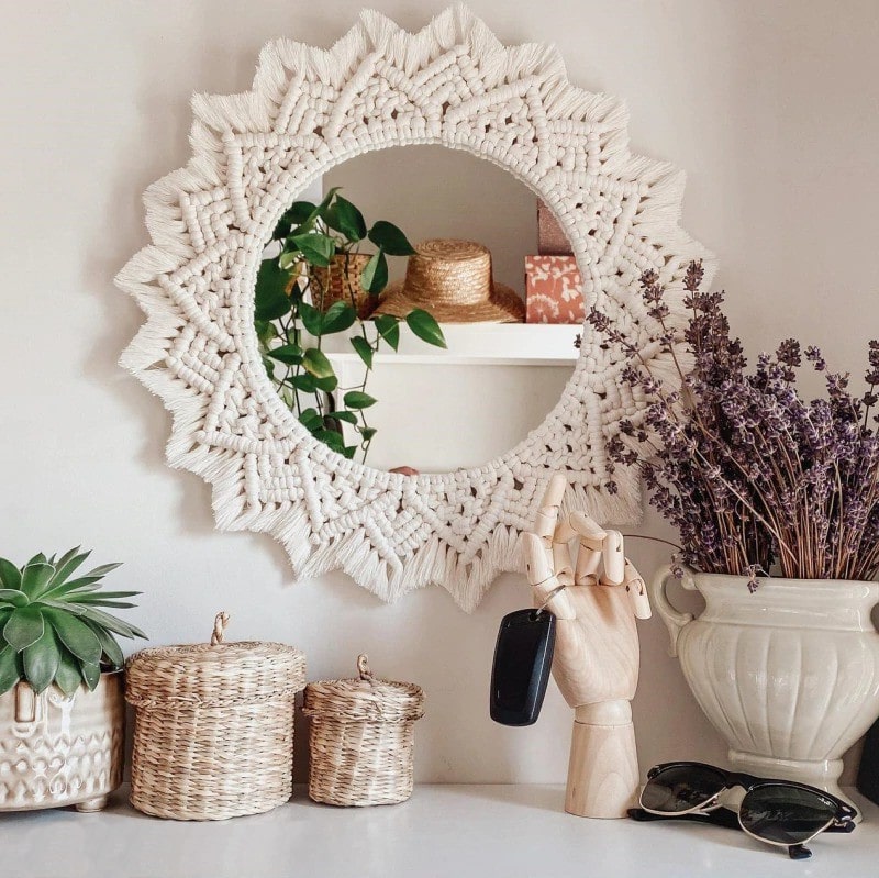 Macrame Round Mirror — White | Handmade Boho Wall Decor - Off-White