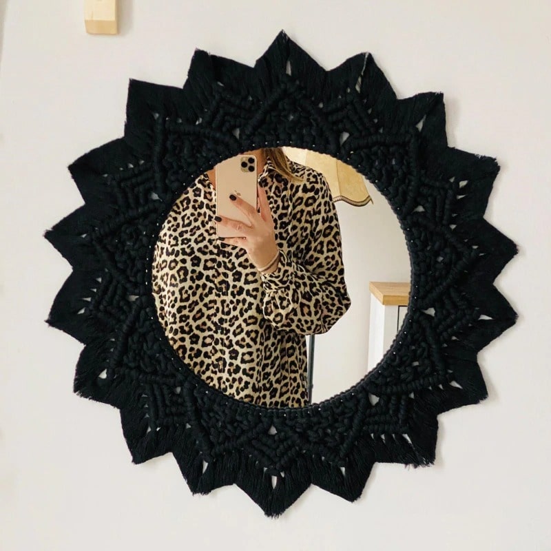 Macrame Round Mirror — White | Handmade Boho Wall Decor - Black