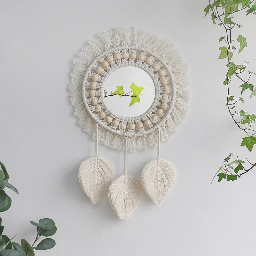 Macrame Hanging Mirror — Feather | Handmade Boho Wall Decor - With Leaves