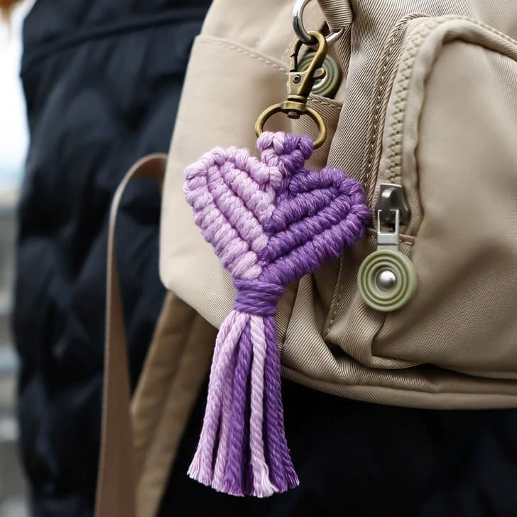 Porte clé macramé cœur violet
