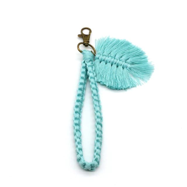 Porte clé macramé plume bleu turquoise