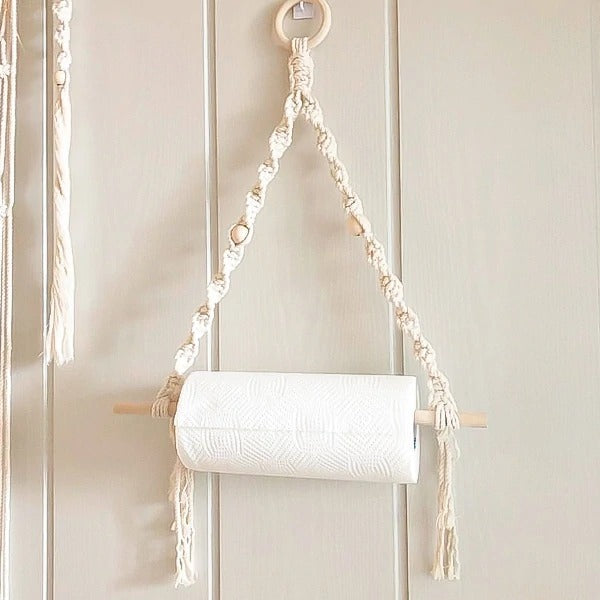 Wall Hanging Paper Towel Holder — Beaded | Handmade Cotton Rope - White
