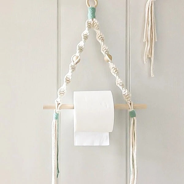 Wall Hanging Paper Towel Holder — Beaded | Handmade Cotton Rope - Green