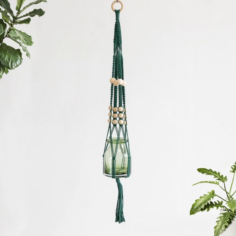 Pot suspendu macramé vert