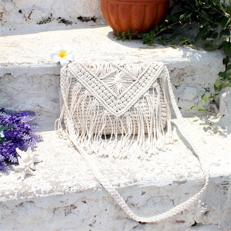 Sac bandoulière femme macramé beige