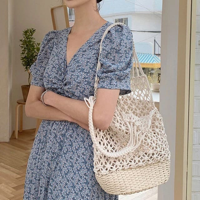 Sac de plage macramé beige