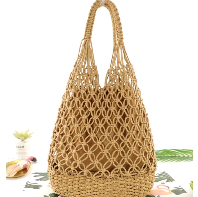 Sac de plage macramé camel doublure tissu