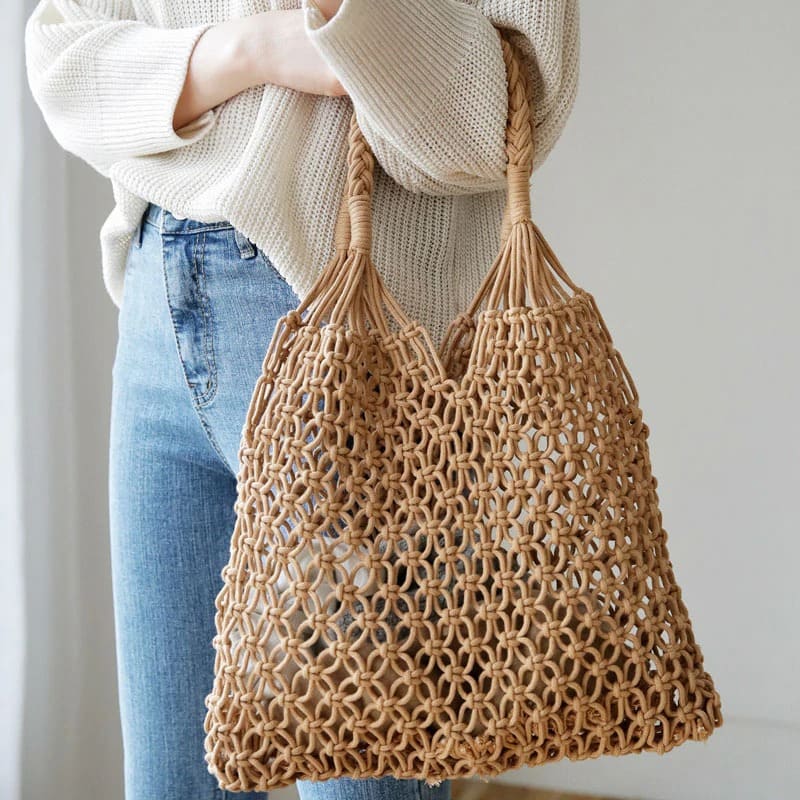 Sac filet en macramé marron