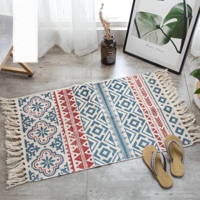 Tapis macramé rectangulaire bleu et rouge