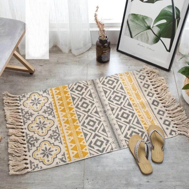 Tapis macramé rectangulaire jaune et gris