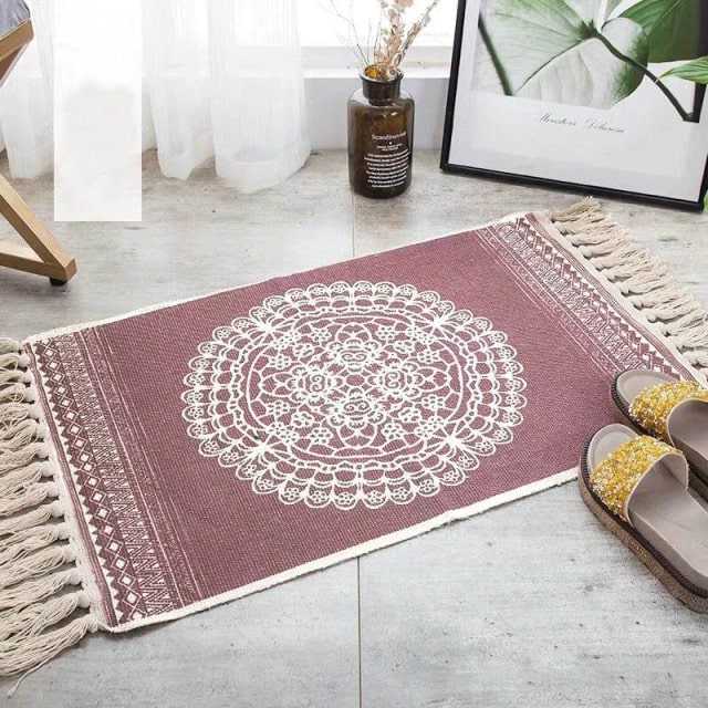Tapis macramé rectangulaire bordeaux mandala