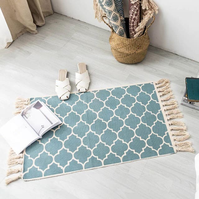 Tapis macramé rectangulaire bleu turquoise