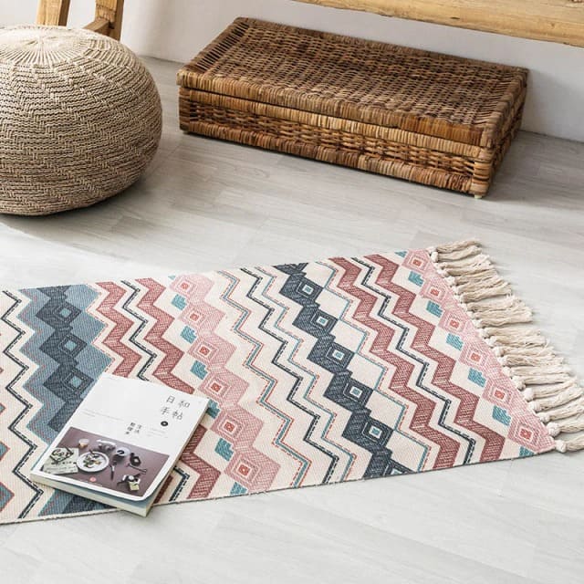 Tapis macramé rectangulaire rose et bleu