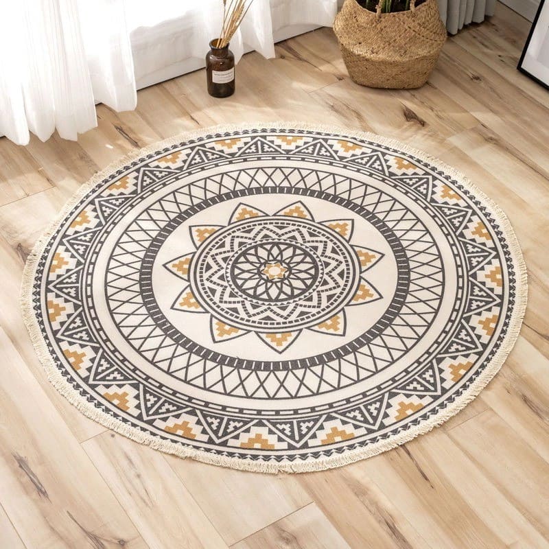 Tapis macramé rond géométrique jaune