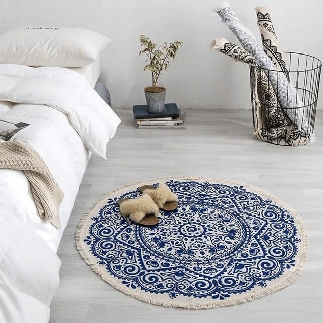 Tapis macramé rond mandala bleu