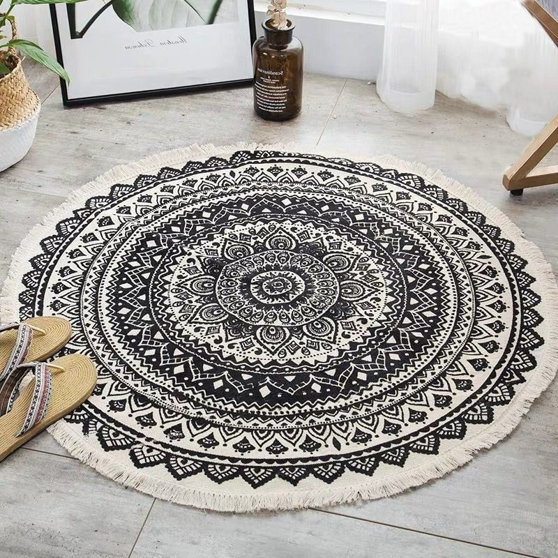 Tapis macramé rond mandala noir