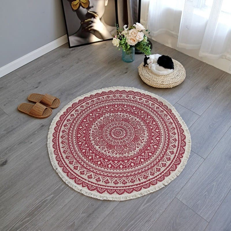 Tapis macramé rond mandala rouge